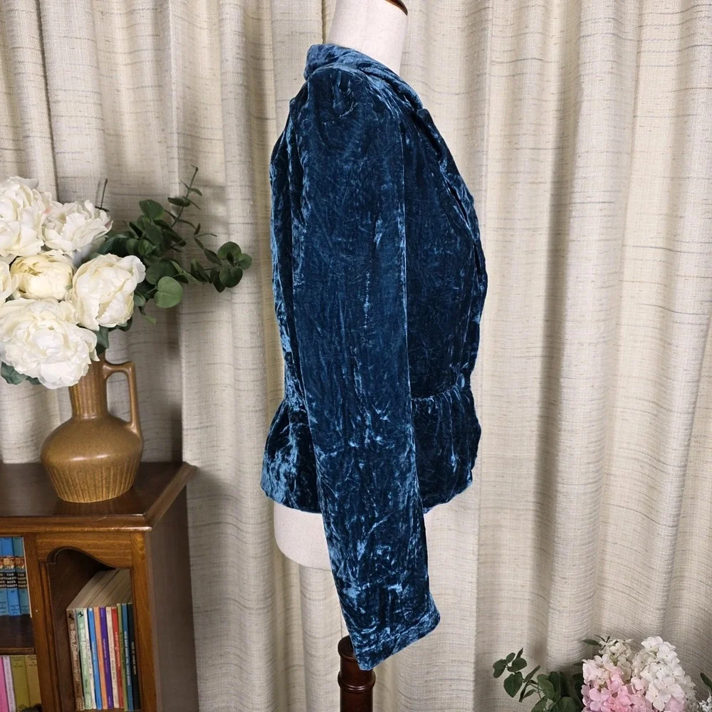 Vintage Crushed Velvet Jacket Blazer SZ S Regency Whimsigoth  Teal Blue Cinched